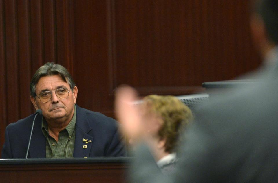 Randy Berry, a family friend of Michael Dunn speaks of Dunn's character during his trial in Jacksonville, Fla., Monday, Feb. 10, 2014. Prosecutors rested their case Monday in the trial of Dunn who is charged with killing a teen after an argument over loud music outside a Jacksonville convenience store in 2012. (AP Photo/The Florida Times-Union, Bob Mack, Pool)