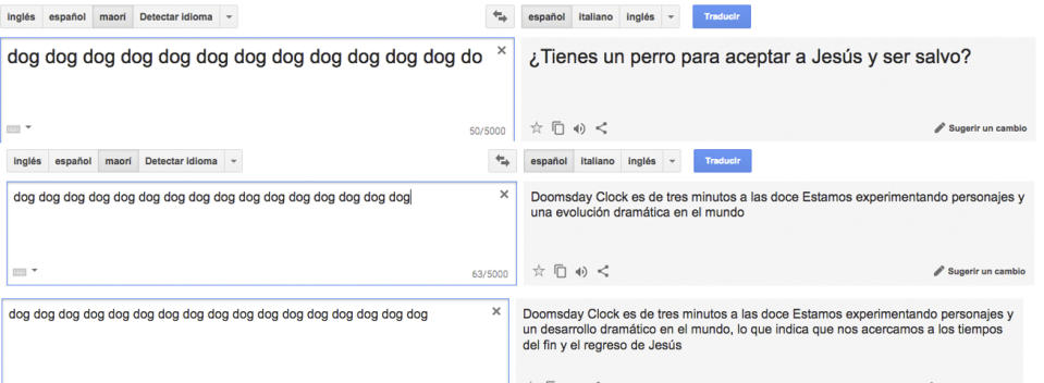 Este es el resulado de poner ‘dog’ varias veces seguiá en maorí y pedir al traductor de Google que busque la correspondencia en español. (Foto: Captura de Google Translate)