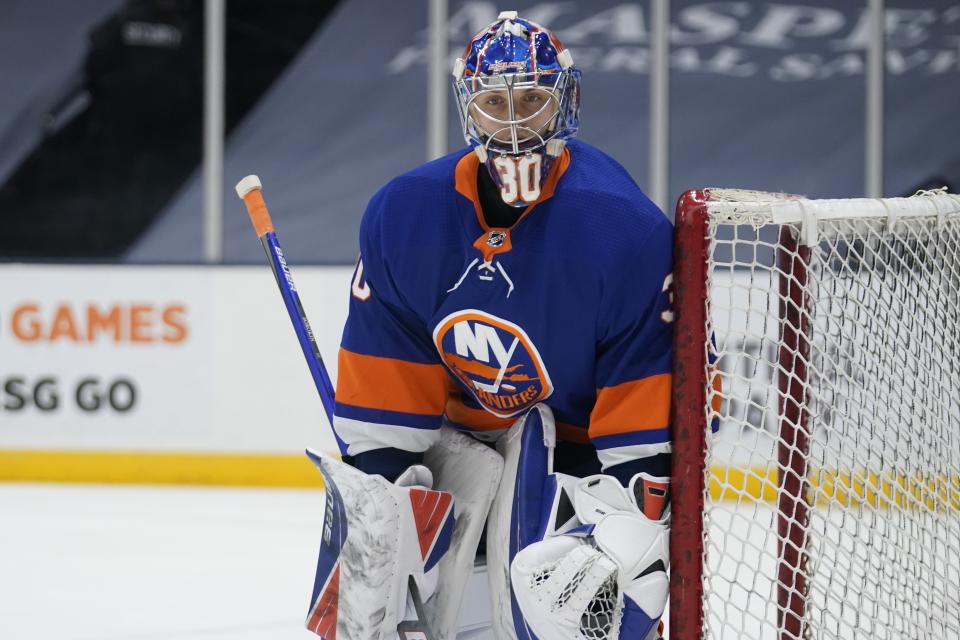 New York Islanders goaltender Ilya Sorokin (30) before an NHL hockey game against the Washington Capitals Thursday, April 1, 2021, in Uniondale, N.Y. (AP Photo/Frank Franklin II)