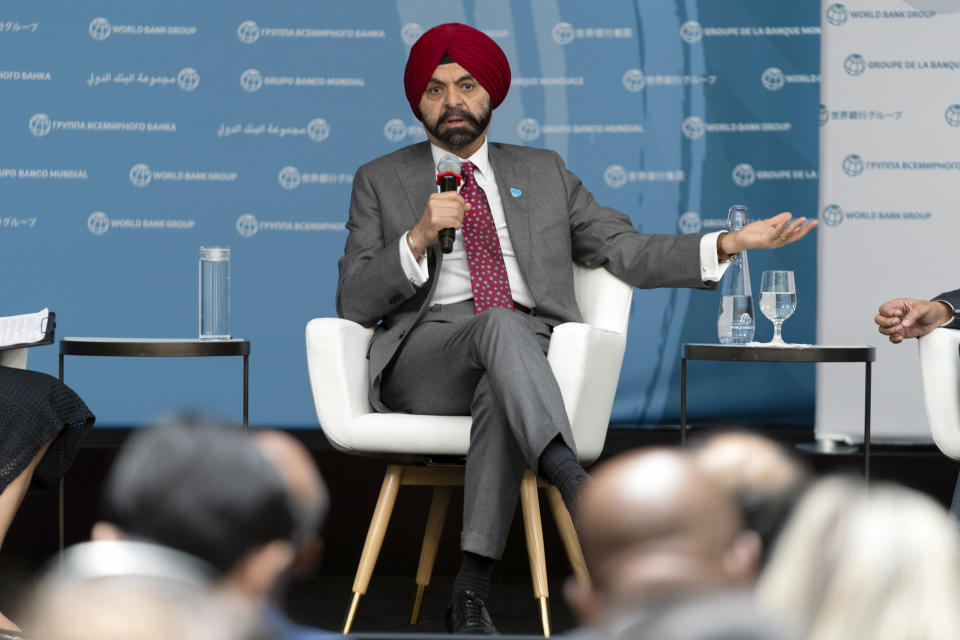 World Bank President Ajay Banga speaks at a forum during the World Bank/IMF Spring Meetings at the World Bank headquarters in Washington, Thursday, April 18, 2024. (AP Photo/Jose Luis Magana)