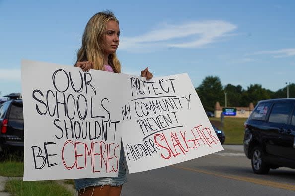 WINDER, GEORGIA - SEPTEMBER 4: Gretchen Gierlach, a member of the community, came to Apalachee High School to demonstrates after a shooting there on September 4, 2024 in Winder, Georgia. Four fatalities and multiple injuries have been reported, and a 14-year-old suspect is in custody according to authorities. (Photo by Megan Varner/Getty Images)