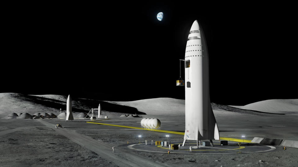 FILE - This artist's rendering made available by SpaceX on Friday, Sept. 29, 2017 shows the company's design for a 350-foot-tall rocket on the Earth's moon. A poll released Thursday, June 20, 2019 shows that Americans prefer a space program focusing on potential asteroid impacts, scientific research into our cosmos and robotic space probes over human exploration of Mars or the moon. (SpaceX via AP)