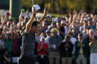 Scottie Scheffler celebrates after winning the 86th Masters golf tournament on Sunday, April 10, 2022, in Augusta, Ga. (AP Photo/Jae C. Hong)