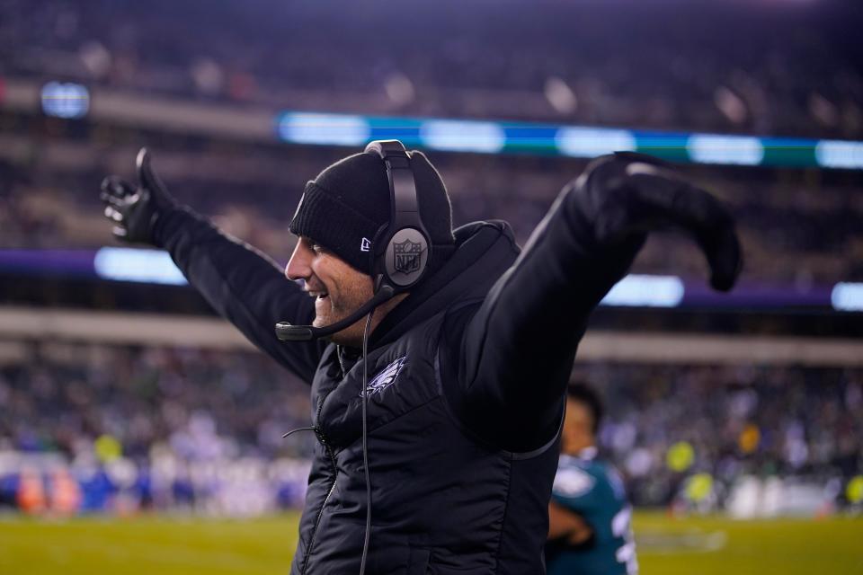 Eagles head coach Nick Sirianni reacts during the second half of an NFC divisional playoff game against the New York Giants, Saturday, Jan. 21, 2023, in Philadelphia. The Eagles won 38-7.