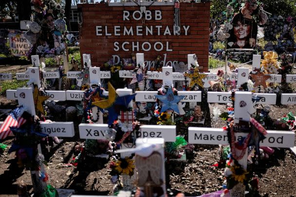 PHOTO: A general view of the memorial outside Robb Elementary, where a gunman killed 19 children and two teachers in the U.S. school shooting, in Uvalde, Texas, Nov. 27, 2022.  (Marco Bello/Reuters)