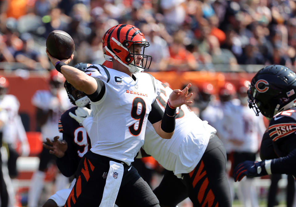 CHICAGO, ILLINOIS - SEPTEMBER 19: Quarterback Joe Burrow #9 of the Cincinnati Bengals throws the ball during the second half in the game against the Chicago Bears at Soldier Field on September 19, 2021 in Chicago, Illinois. (Photo by Jonathan Daniel/Getty Images)