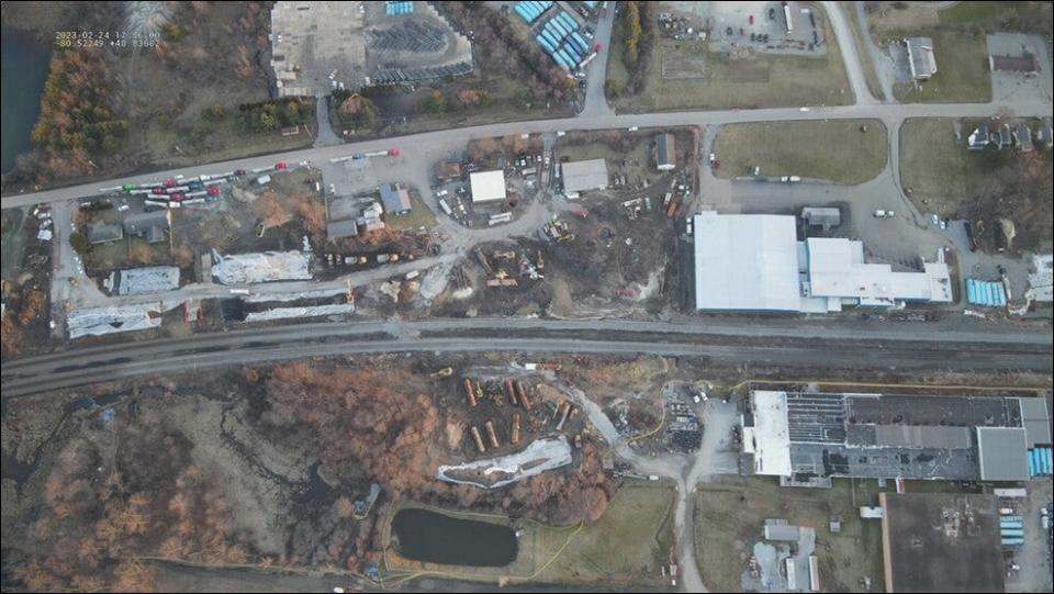 An aerial photo of the East Palestine, Ohio derailment site taken on February 24, 2023.