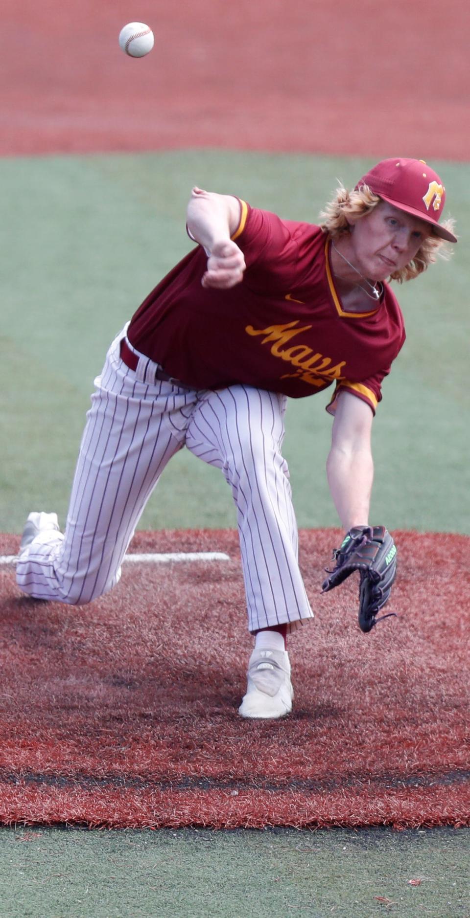 McCutcheon Mavericks Sam Swank (32) pitches during the IHSAA baseball sectional championship against the Harrison Raiders, Monday, May 29, 2023, at Municipal Stadium in Kokomo, Ind. Harrison won 5-2.