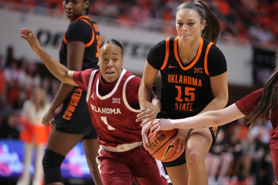 OSU's Lexy Keys tries to get past OU's Nevaeh Tot (1) during a Bedlam women's basketball game March 4 at Gallagher-Iba Arena in Stillwater.