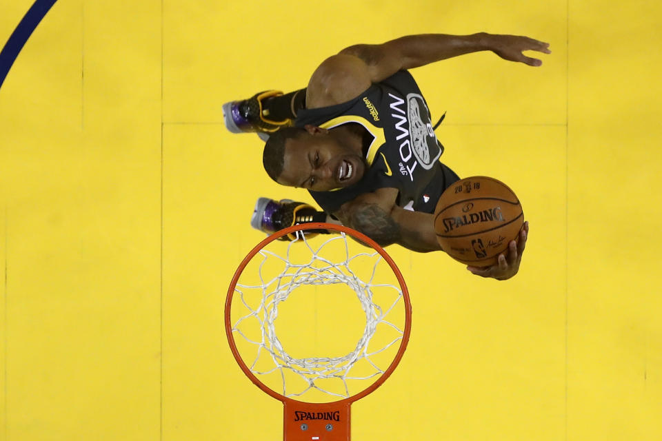 Andre Iguodala of the Golden State Warriors attempts a shot against the Toronto Raptors during Game 6 of the 2019 NBA Finals at Oracle Arena  in June.