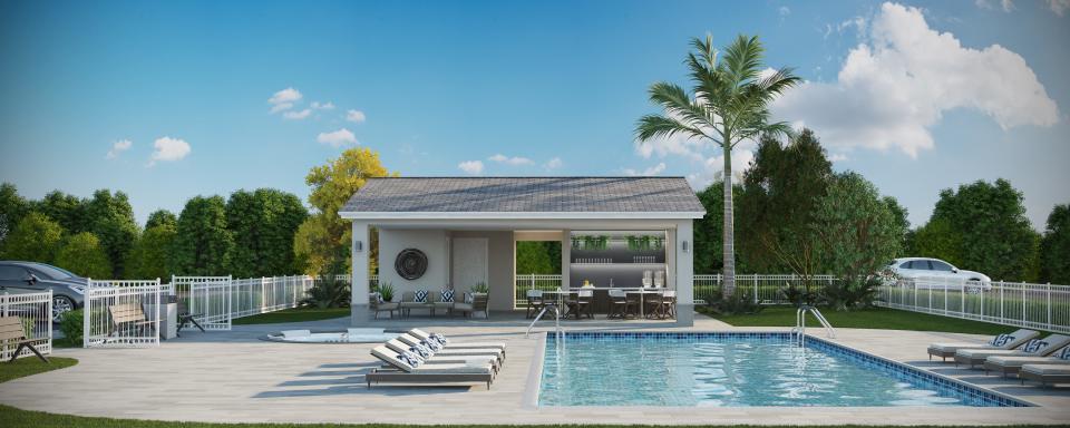 The Pool is complete and its surrounding Outdoor Living Area, including  lounging, dining, grilling and Fire Pit socializing areas, is staked and on track for summer completion.