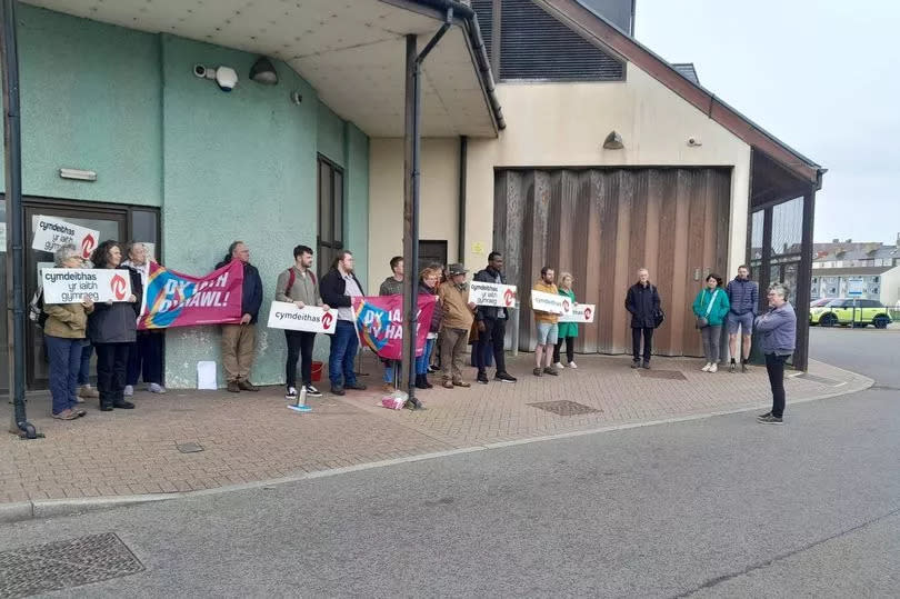 Supporters outside the court in Aberystwyth