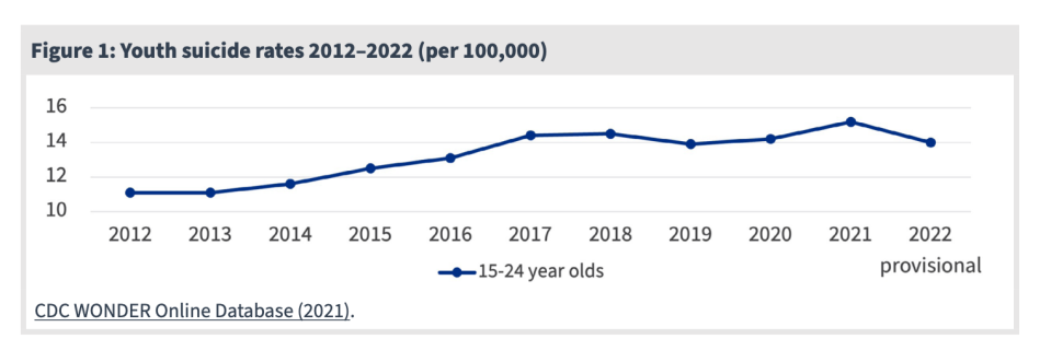 Provisional data show the nationwide youth suicide rate declined between 2021 and 2022. (The Jed Foundation)