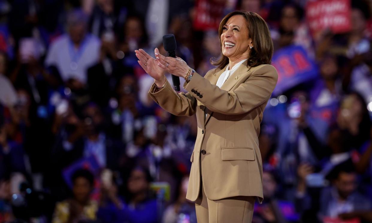 <span>Kamala Harris speaks on stage during the first day of the Democratic national convention on Monday.</span><span>Photograph: Kevin Dietsch/Getty Images</span>