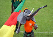 The mascot of the 8th edition of the African Military Cup (CAMFOOT) stands on the pitch before the final football match between Cameroon and Mali at the Felix Houphouet Boigny staduim in Abidjan on December 16, 2012. Mali won 1-0. AFP PHOTO/ SIA KAMBOU
