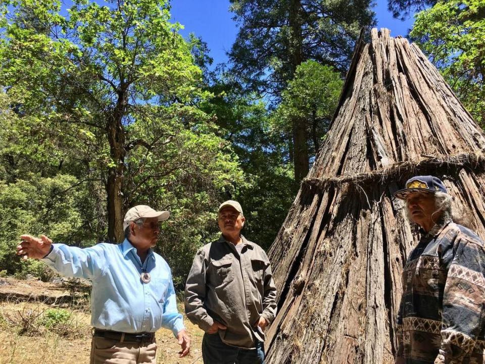 Charles Castro, left, his son Butch Castro, center, and Bill Tucker at the Wahhoga village site in Yosemite Valley in June 2018.