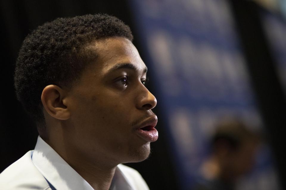 Keldon Johnson, a freshman basketball player from Kentucky, attends the NBA Draft media availability, Wednesday, June 19, 2019, in New York. The draft will be held Thursday, June 20. (AP Photo/Mark Lennihan)