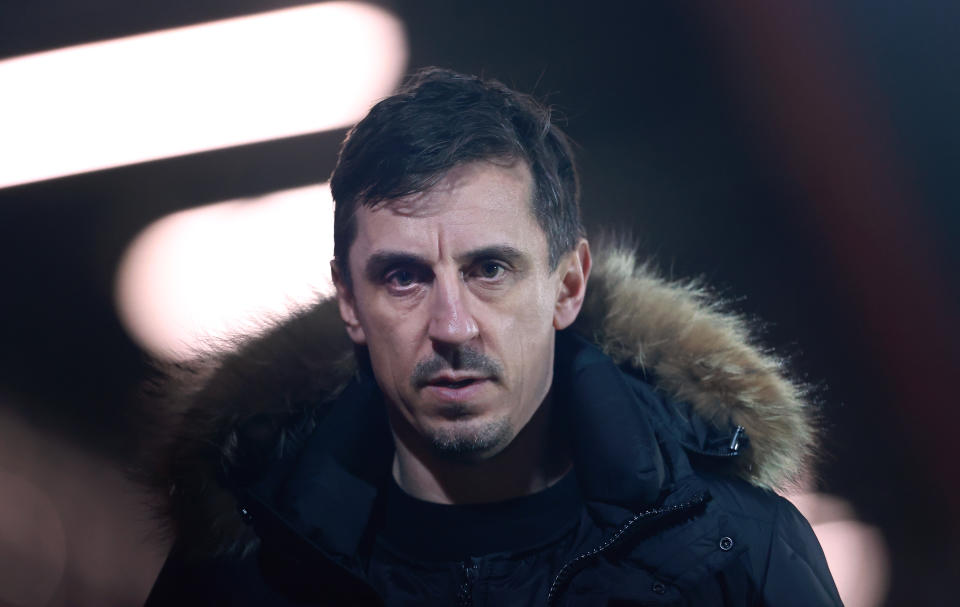 SALFORD, ENGLAND - MARCH 16:  Gary Neville the co-owner of Salford City looks on after the Sky Bet League Two match between Salford City and Colchester United at Moor Lane on March 16, 2021 in Salford, England. Sporting stadiums around the UK remain under strict restrictions due to the Coronavirus Pandemic as Government social distancing laws prohibit fans inside venues resulting in games being played behind closed doors.  (Photo by James Gill - Danehouse/Getty Images)