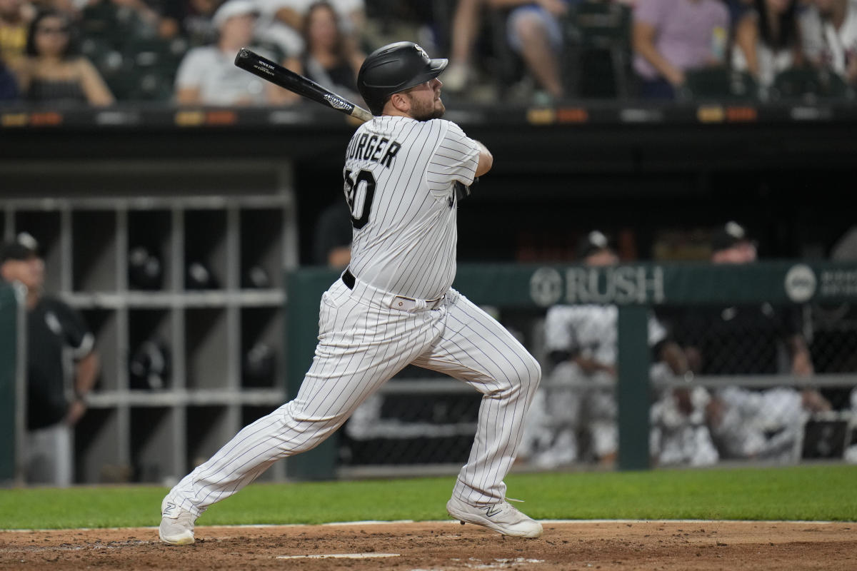 Cleveland, USA. 25th July, 2023. Cleveland Guardians catcher Bo Naylor (23)  hits a solo home run in the third inning during a MLB regular season game  between the Kansas City Royals and