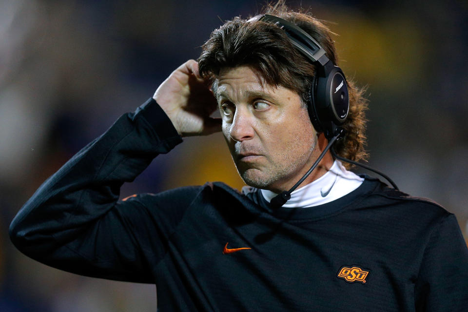 Oklahoma State's Mike Gundy looks on during the second half of the AutoZone Liberty Bowl on Dec. 31, 2018. (Jonathan Bachman/Getty Images)