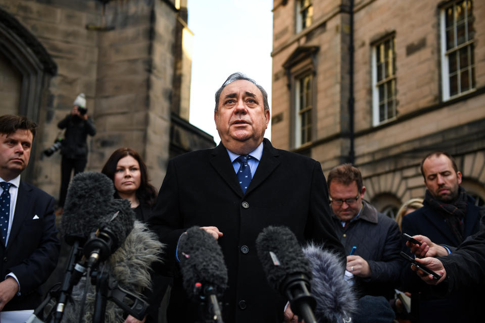 Mr Salmond gives a statement to the media after his brief court appearance on Thursday. (Getty)