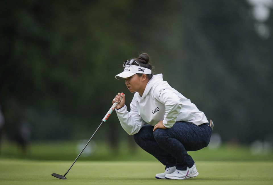 Megan Khang, of the United States, lines up a putt on the 18th hole during the second round at the LPGA CPKC Canadian Women's Open golf tournament in Vancouver, British Columbia, Friday, Aug. 25, 2023. (Darryl Dyck/The Canadian Press via AP)