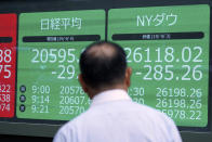 A man looks at an electronic stock board showing Japan's Nikkei 225 index and New York Dow Jones index at a securities firm in Tokyo Wednesday, Sept. 4, 2019. Asian stock markets rose Wednesday following surprise weakness in U.S. manufacturing and wrangling in Britain over the country’s departure from the European Union. (AP Photo/Eugene Hoshiko)