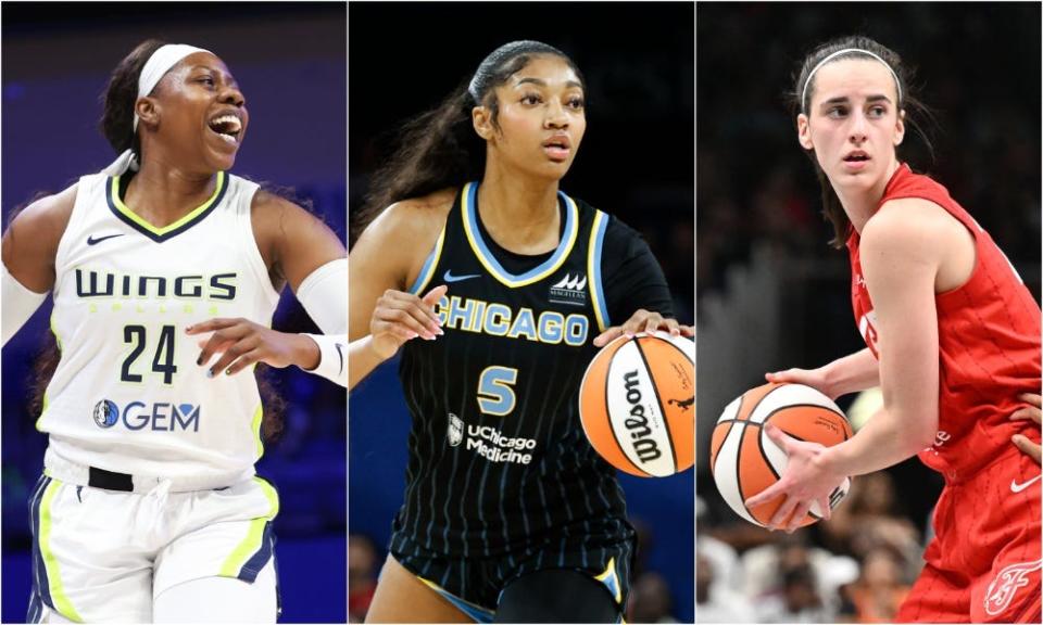 Side by side photos of Dallas Wings guard Arike Ogunbowale, Chicago Sky forward Angel Reese and Indiana Fever guard Caitlin Clark (Photos by Kevin Jairaj and Kamil Krzaczynski/USA TODAY Network and Paras Griffin/Getty Images)