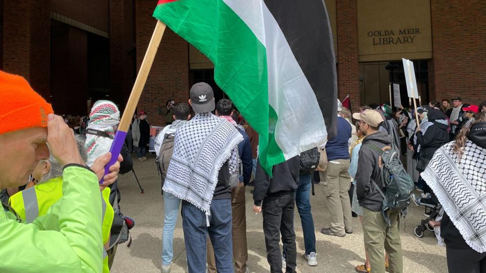 <div>The pro-Palestine rally was held outside the Golda Meir Library.</div>