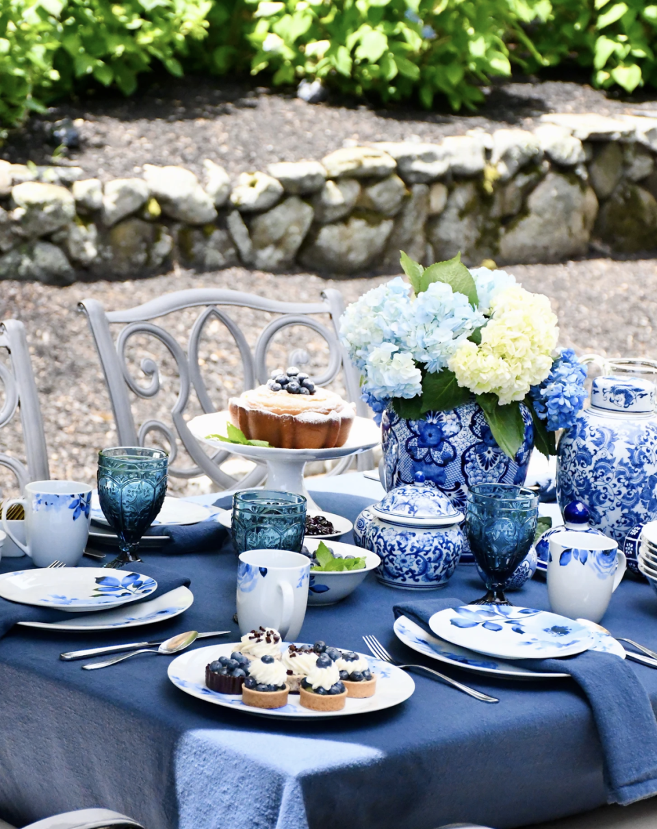 blue and white tablescape for summertime garden tea party