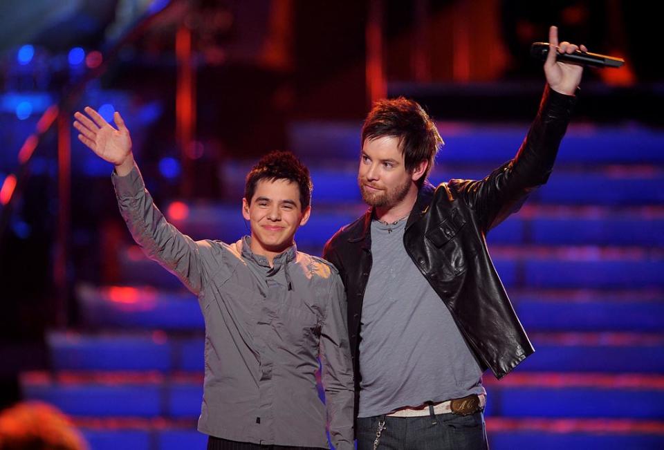 David Archuleta and David Cook on stage during the grand finale of "American Idol" Season 7.