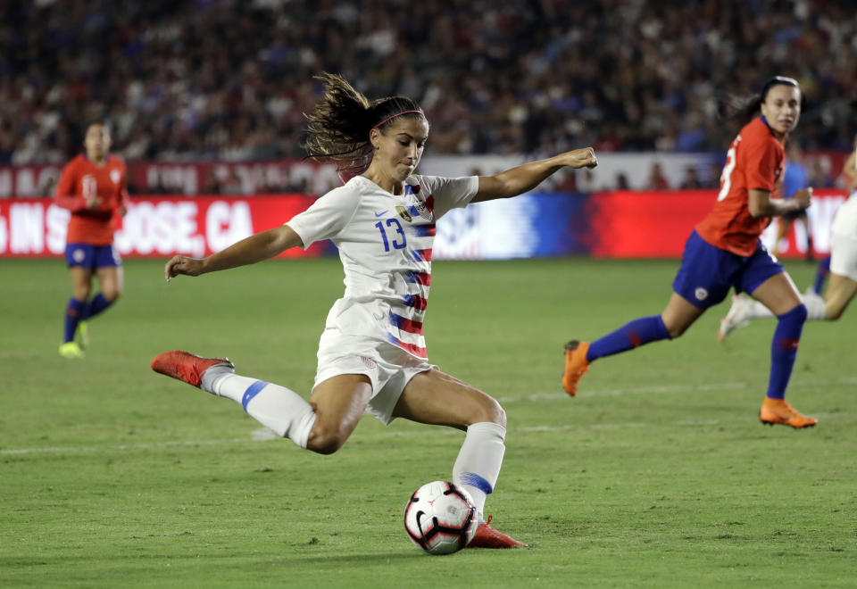 United States' Alex Morgan takes a shot on goal against Chile during the first half of an international friendly soccer match Friday, Aug. 31, 2018, in Carson, Calif. (AP Photo/Marcio Jose Sanchez)