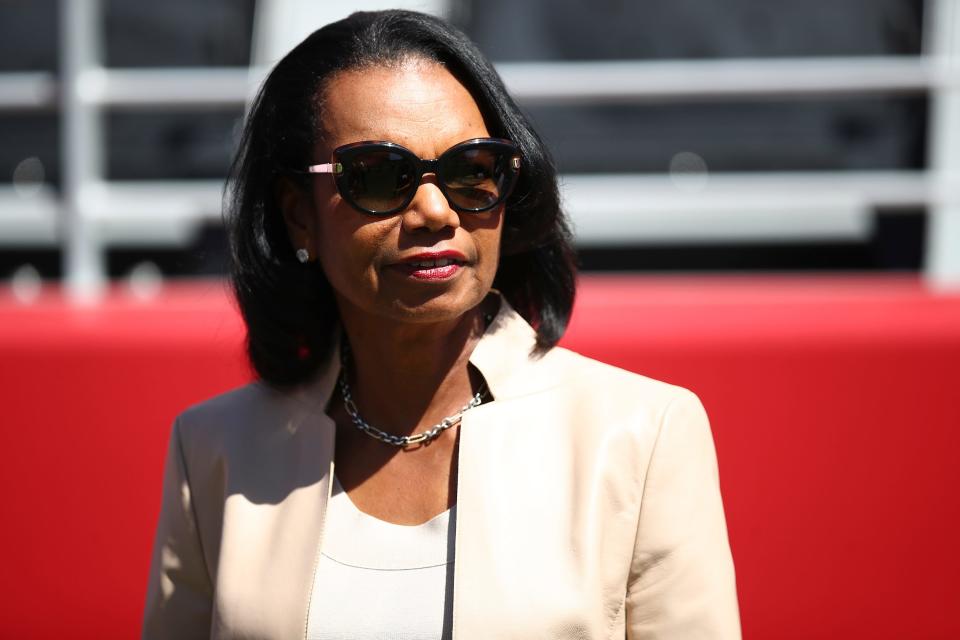 Former Secretary of State Condoleezza Rice on the sidelines before the start of an NFL football game between the San Francisco 49ers and the Detroit Lions in Santa Clara, Calif., Sunday, Sept. 16, 2018. (AP Photo/Ben Margot)