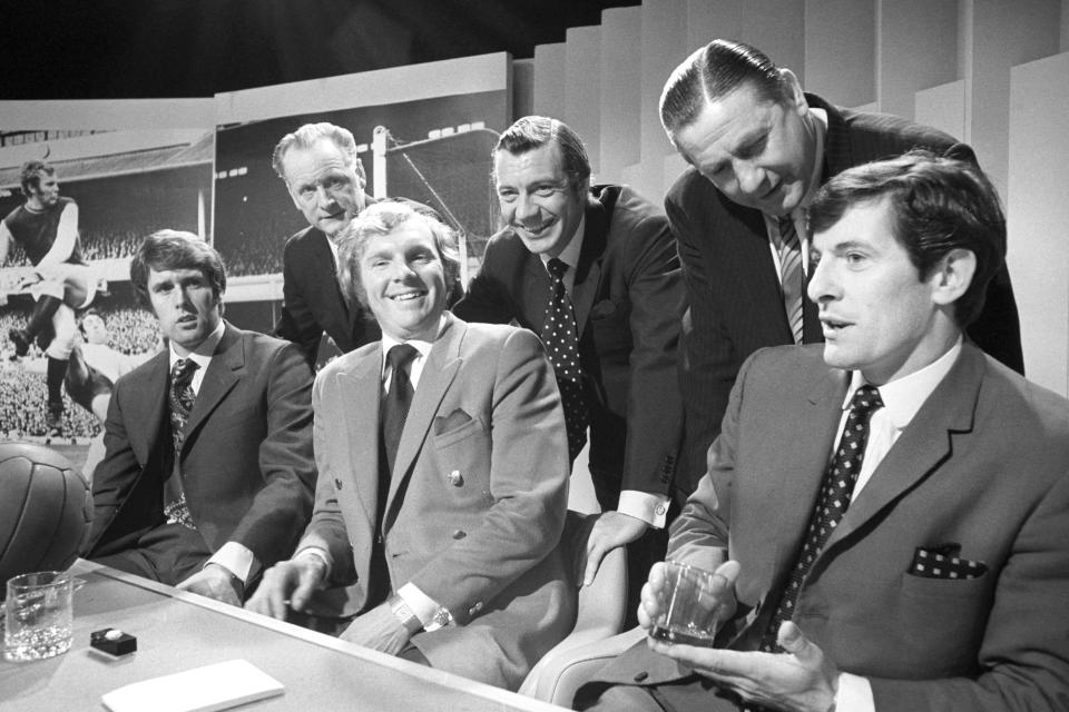 PA Photo 27/4/1970  From left: Geoff Hurst, Bobby Moore, Alan Mullery, Tom Finney, Johnny Haynes, Stan Mortensen during recording for the BBC 1 quiz show A Question of Sport at the BBC TV Centre in London