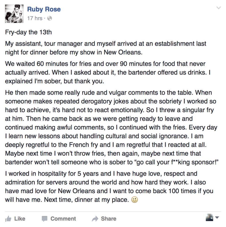 Ruby's long Facebook post addressing the incident. Source: Instagram