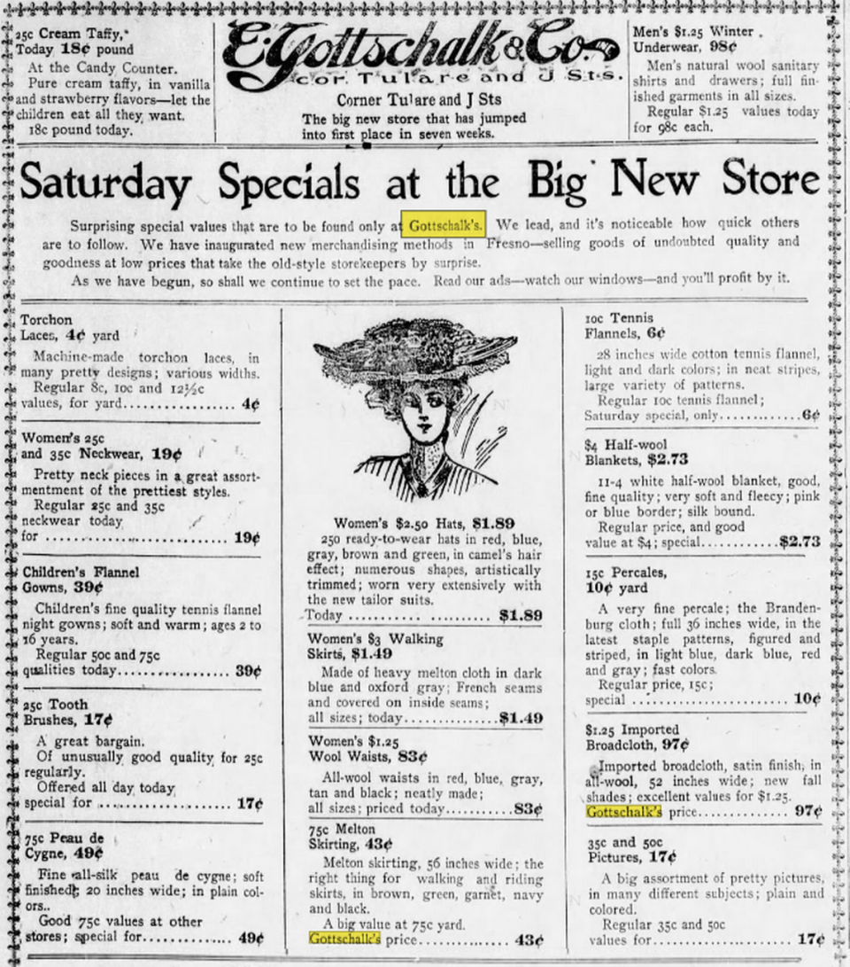 An advertisement in a November 1904 Fresno Morning Republican paper for Gottschalks in Fresno, Calif. The store was seven weeks old at the time of the advertisement.