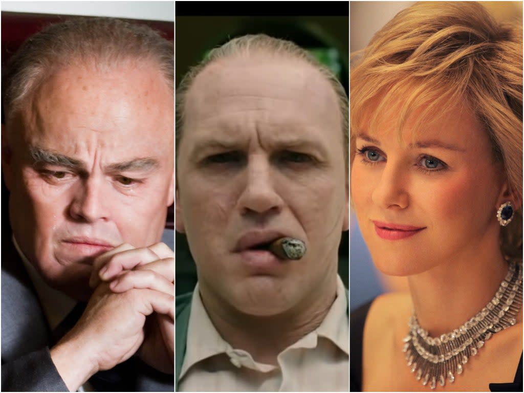 Leonardo DiCaprio en 'J Edgar', Tom Hardy en 'Capone' y Naomi Watts en 'Diana' (Warner Bros/Vertical Entertainment/Entertainment One)