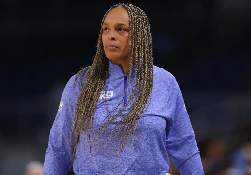 CHICAGO, IL - MAY 07: Head coach Teresa Weatherspoon of the Chicago Sky looks on during the first half of a WNBA preseason game against the New York Liberty at Wintrust Arena on May 7, 2024 in Chicago, Illinois. (Photo by Melissa Tamez/Icon Sportswire via Getty Images)