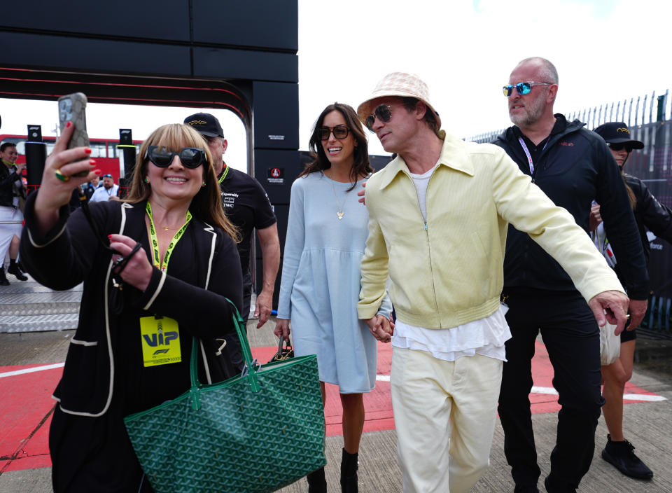 Brad Pitt and his partner Ines De Ramon arrive at Silverstone Circuit, Northamptonshire. Picture date: Sunday July 7, 2024. (Photo by David Davies/PA Images via Getty Images)