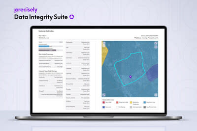 Der neue Spatial Analytics Service in der Precisely Data Integrity Suite bietet Standortberichte, die es Unternehmen ermöglichen, Risiken genau einzuschätzen und die objektbezogene Performance-Bewertung zu verbessern. Das Bild zeigt einen umfassenden Überblick über die Wahrscheinlichkeit verschiedener Risikofaktoren, die eine bestimmte Adresse in Massachusetts, USA, betreffen.