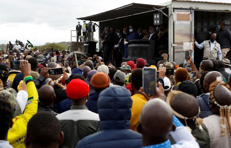 Former South African president Jacob Zuma speaks to supporters who gathered at his home in Nkandla