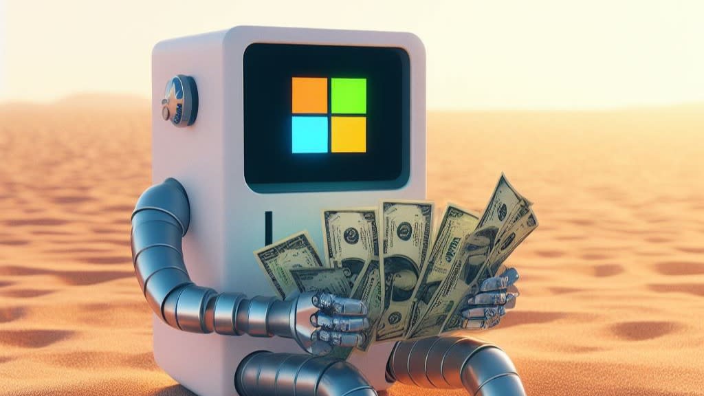  Microsoft-themed robot counting money on a beach. 