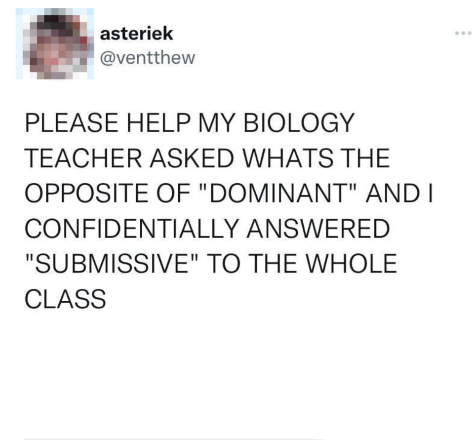 Tweet by user 'asteriek' asking for help after answering 'submissive' to what's opposite of 'dominant' in biology class; tweet has viral engagement