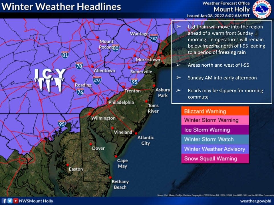 The National Weather Service issued winter weather advisories for much of North Jersey Sunday.