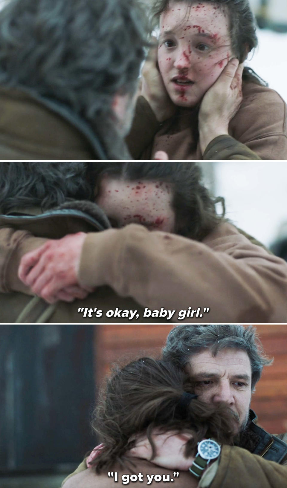 a scene from the show where the two hug and pedro says, it's okay baby girl i got you