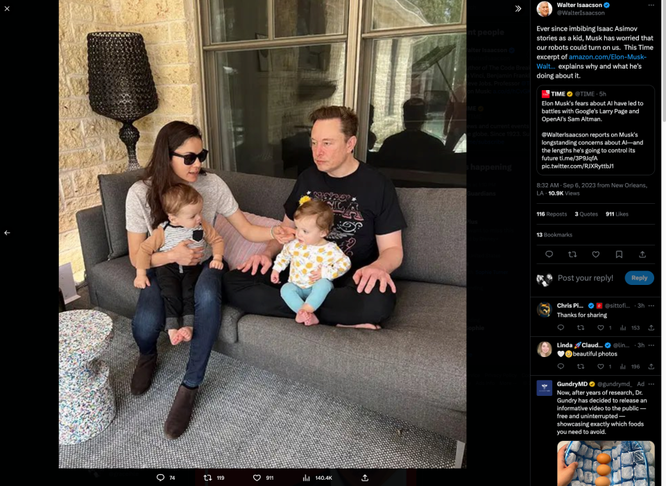 Walter Isaacson postete ein Foto von Elon Musk und Zilis auf X. - Copyright: Walter Isaacson on X