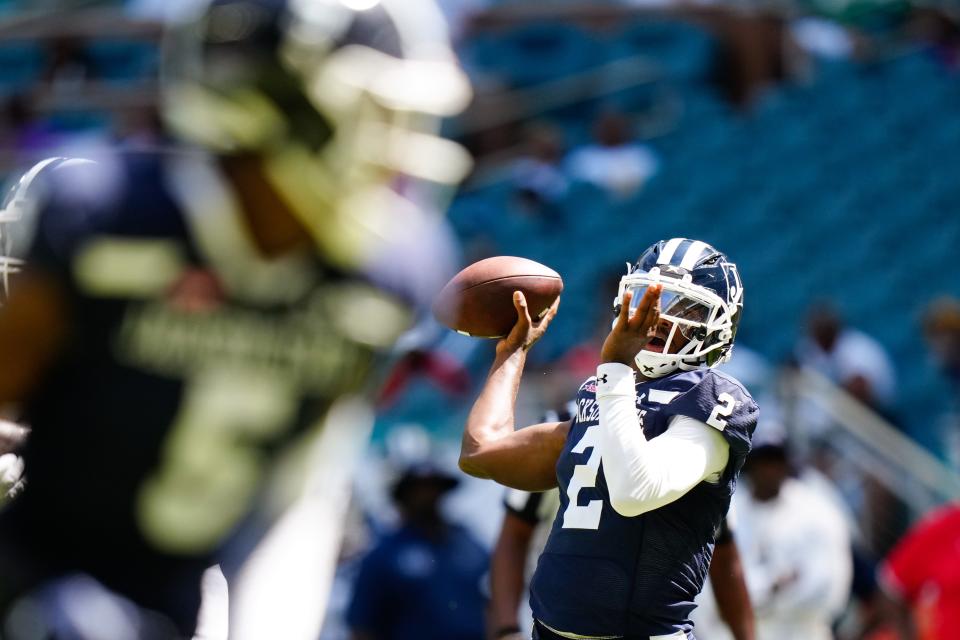 Jackson State quarterback Shedeur Sanders prepares to make a pass against Florida A&M at Hard Rock Stadium.