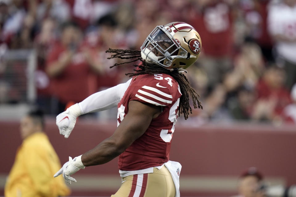 San Francisco 49ers linebacker Fred Warner celebrates after sacking Los Angeles Chargers quarterback Easton Stick during the first half of a preseason NFL football game Friday, Aug. 25, 2023, in Santa Clara, Calif. (AP Photo/Godofredo A. Vásquez)