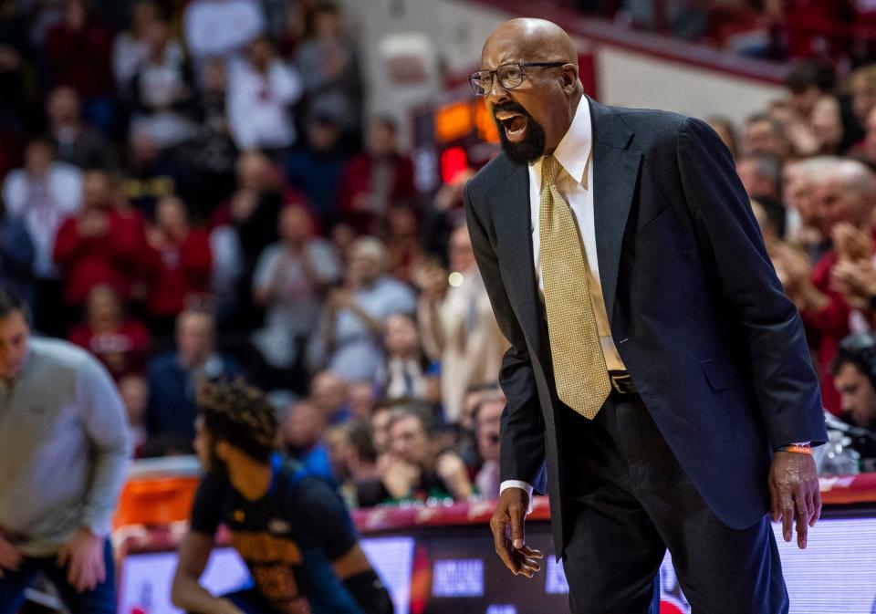 Indiana Head Coach Mike Woodson instructs his team during the second half of the Indiana versus Morehead State men's basketball game at Simon Skjodt Assembly Hall on Tuesday, Dec. 19, 2023.