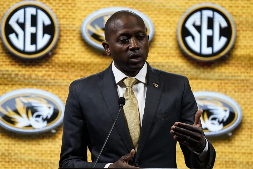 Missouri NCAA college basketball head coach Dennis Gates speaks during Southeastern Conference Media Days, Wednesday, Oct. 18, 2023, in Birmingham, Ala. (AP Photo/Mike Stewart)